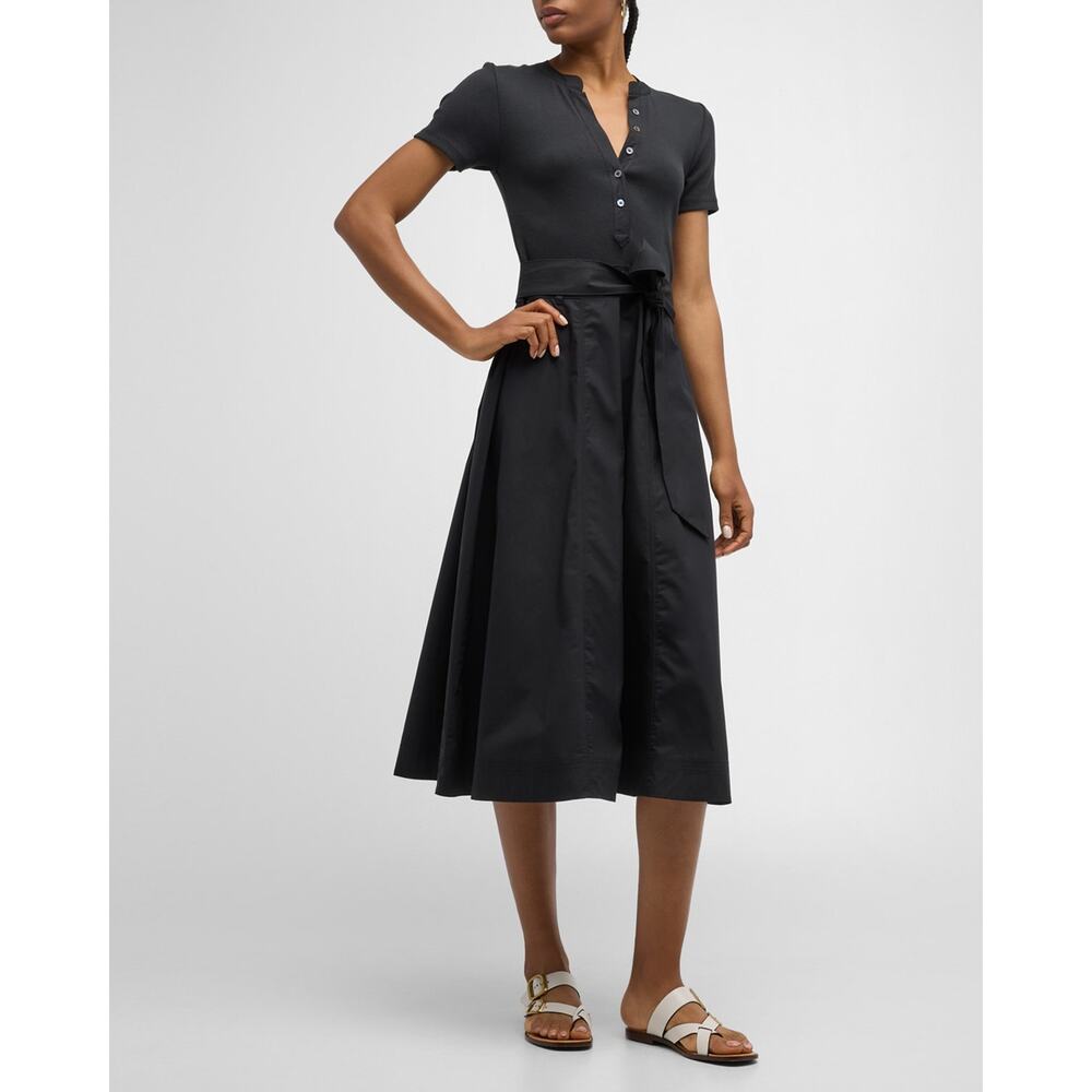 Veronica Beard Black Short-Sleeve Button Midi Dress with Tie Waist